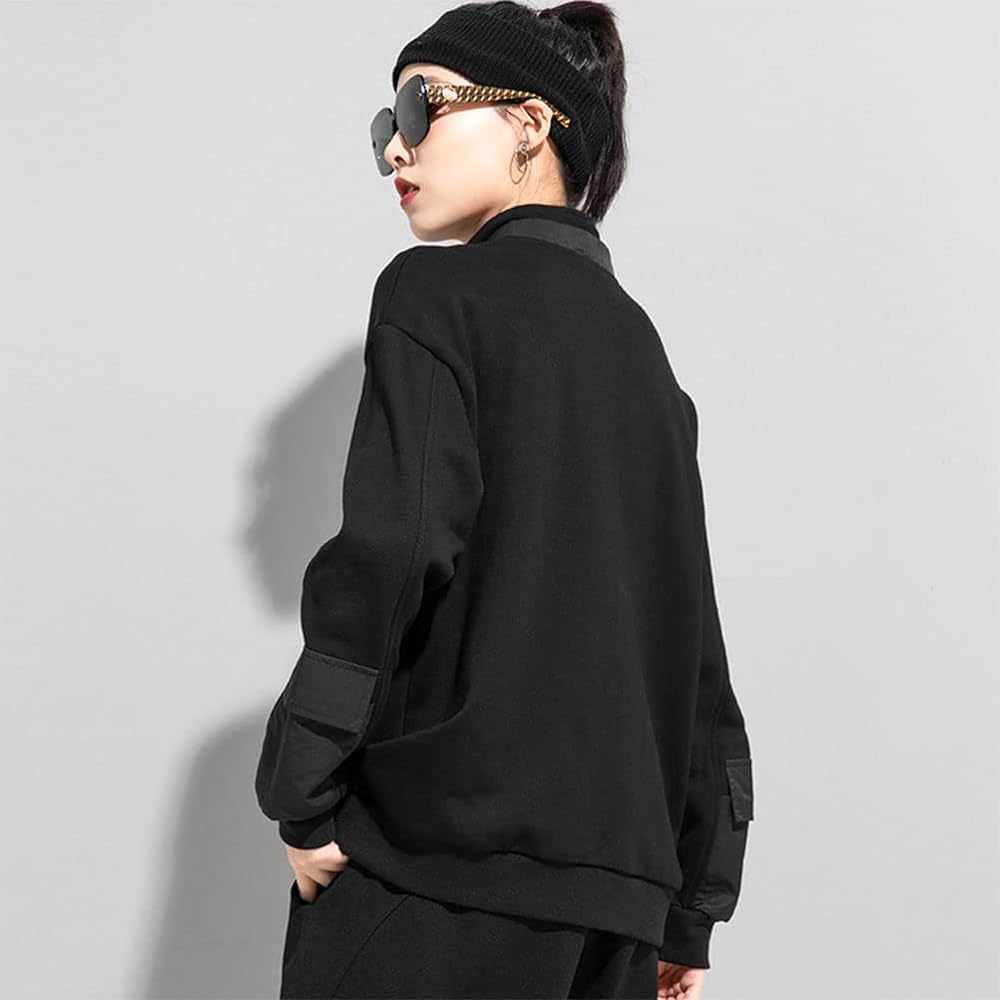 [Molineau] Pullover Sweatshirt, Women's Top, High Neck, Henley Neck, Different Materials, Switching, Zipper, Fashion, V Style, Mode Style, Streetwear, Spring, Autumn