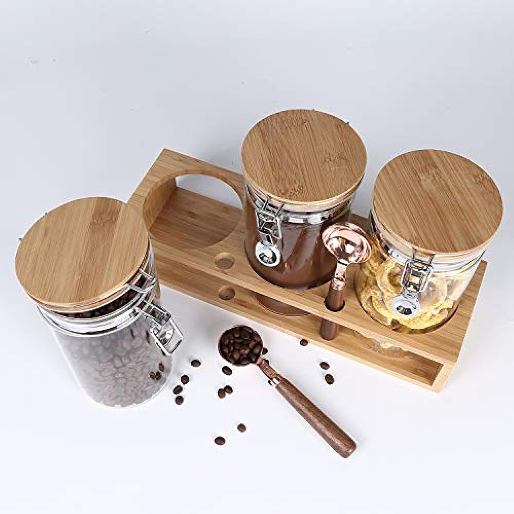 Ken's Kitchen Coffee Bean Storage Container Glass Canister with Lid and Spoon Coffee Beans, Coffee Ground, Nuts, Snacks, Tea, Sweets, Salt, Sugar, Pepper, Pepper, Spices, 1200ML, Set of 3