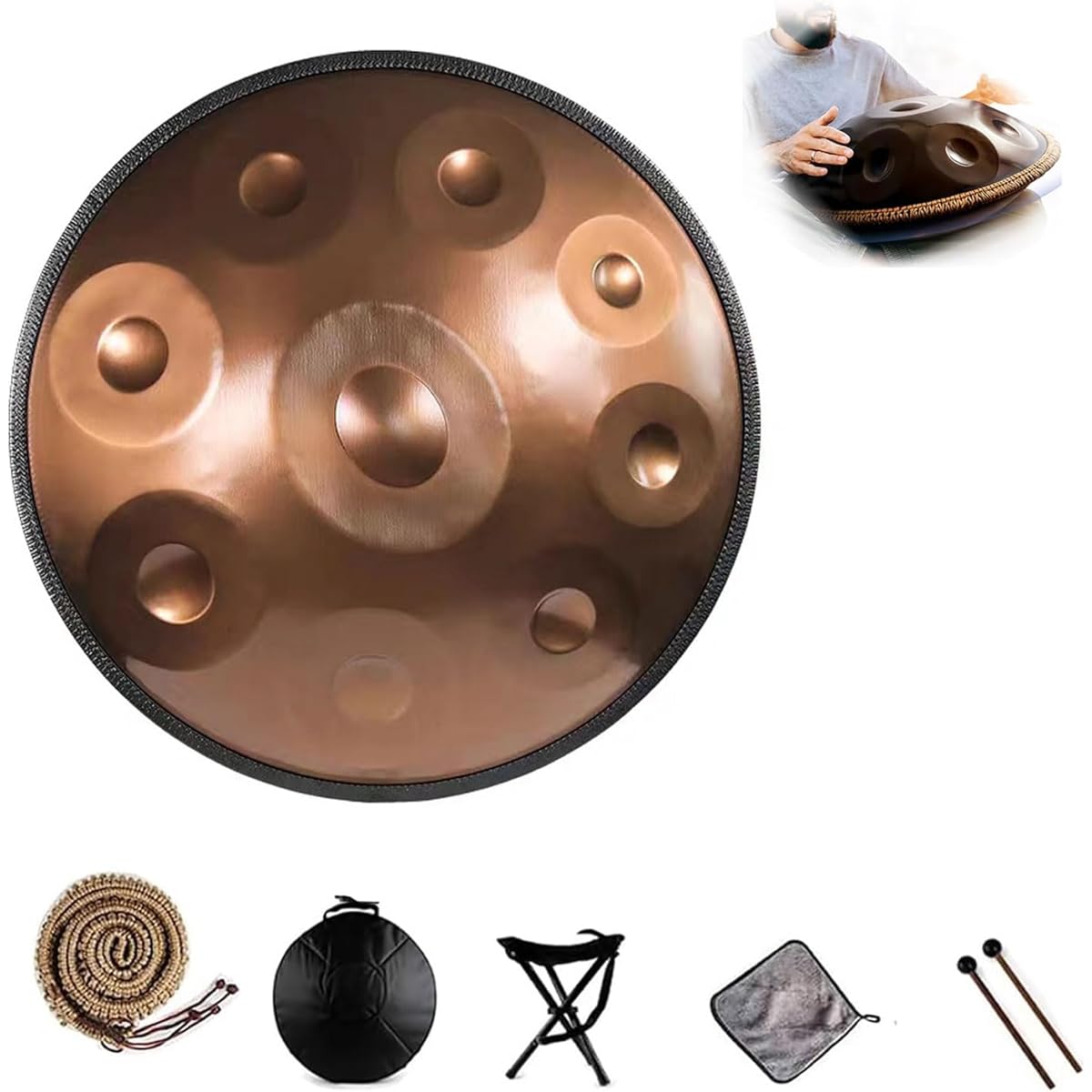 Handpan Drum, 9 Notes 22 Inch D Minor Steel Hand Drum, Harmonic Percussion, for Sound Healing, Personal Meditation, Yoga, Hand Forged Musical Instrument with Carrying Bag Drumstick Stand