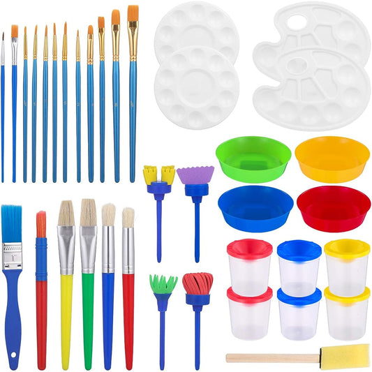 STOBOK 37 Piece Paint Tool Kit Paint Cleaning Cup Tray Palette Multi Size Paint Pen Brush Set for Kids/Toddler Art Class Paint