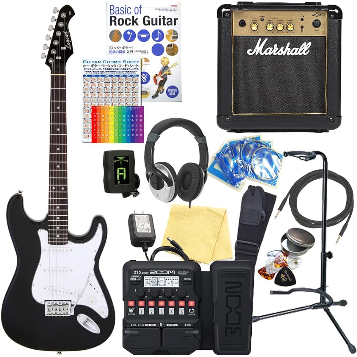 Electric Guitar Beginner Set Stratocaster Type 18-piece Set with Marshall Amplifier Legend LST-Z BKBK [ZOOM G1XFour Multi-Effects Included]