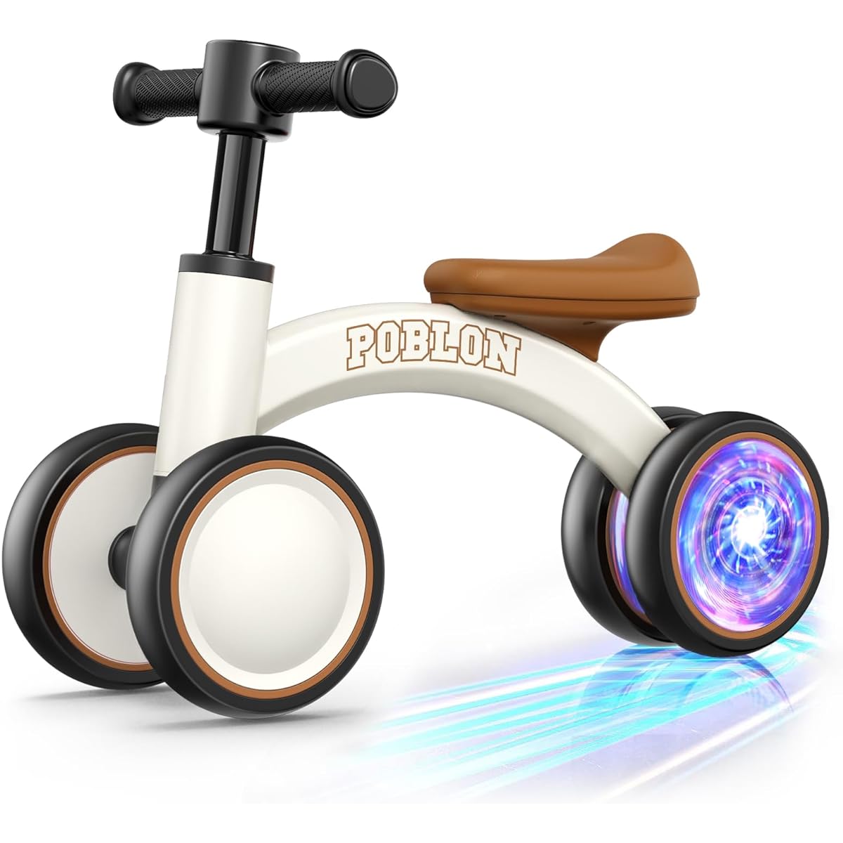 POBLON Colorful Lighting Baby Balance Bike for 1 Year Old Girls and Boys, 12-24 Months, Toddler Bicycle, 4 Wheels & Soft Seat, First Birthday Gift (White)