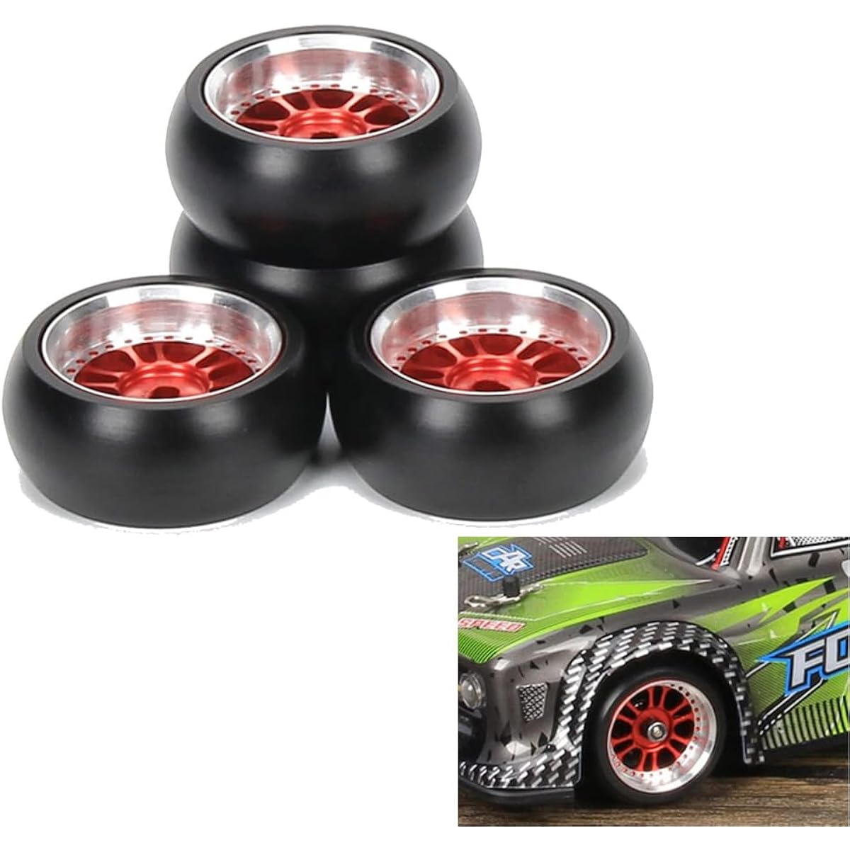 RCAWD Alloy Rim Wheels Classic Drift Tires Width 11mm OD 27mm 12 Spokes 4pcs 1/28 Wltoys K969 K989 P929 Kyosho Mini-Z Mini-Q Mini-D Upgrade Parts (Red)