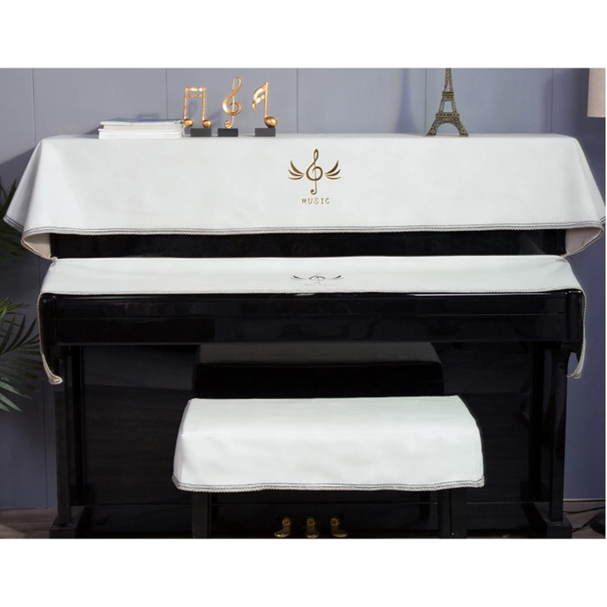 ece set, top cover + key cover + chair cover, electronic piano, cloth, soft, European style, stylish, musical note pattern, light blocking, dustproof, lightweight, stain resistant, thick, dustproof cover, piano protection cover, piano hanger, piano cover