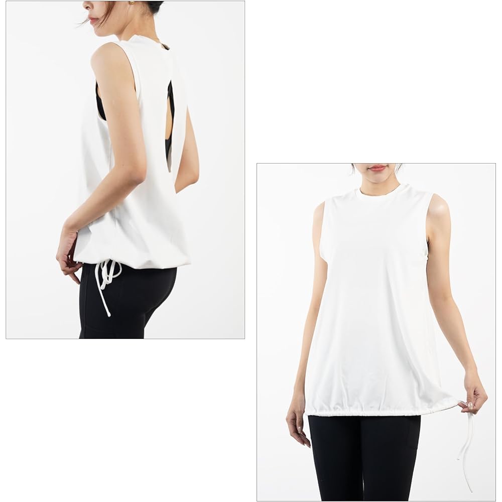 [iito.seasons] Yoga wear for women, back design, beautiful back, open back, tank top, loose, 2-way top, body cover, cooling shirt, long length, short sleeves, sports, fitness, training, room wear, sweat absorbent, quick drying, UV protection, thin