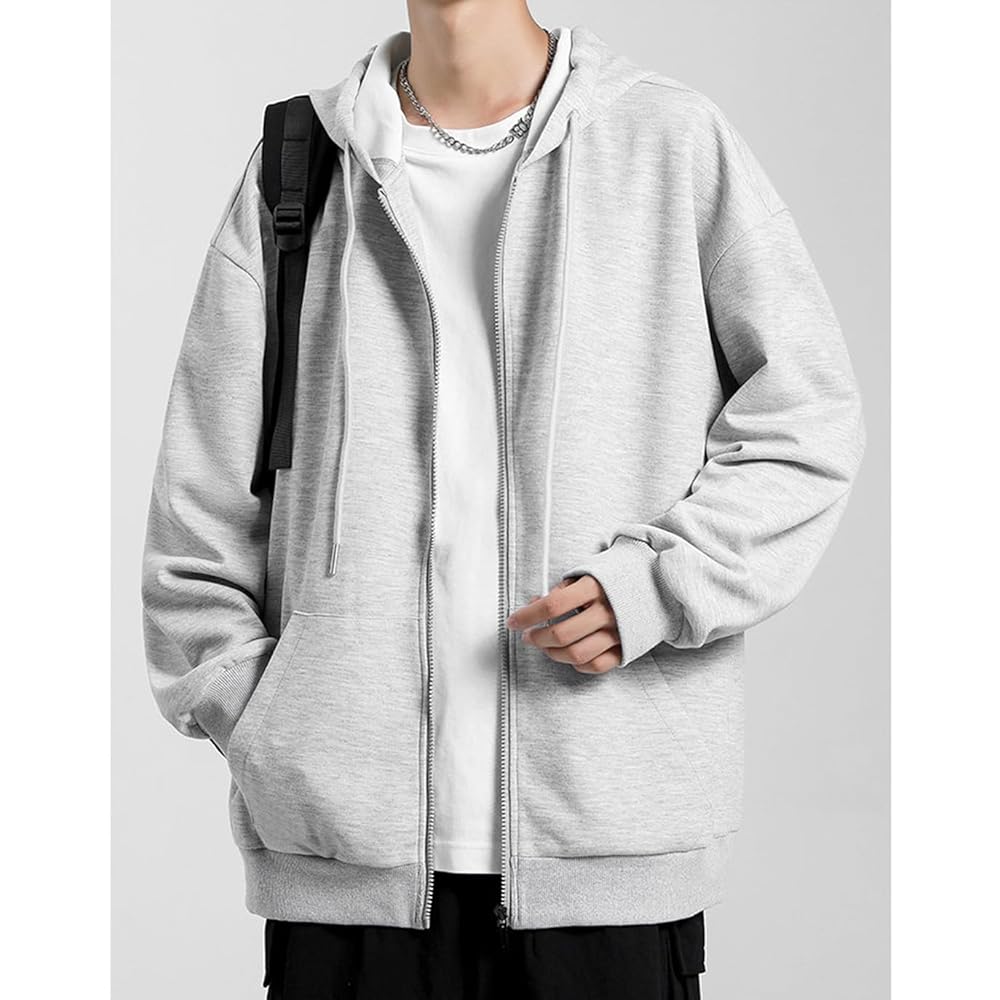 [JHIJSC] Men's Parka, Spring, Long Sleeve, Loose, Zip-up, Plain, Stylish, Hooded, Large Size