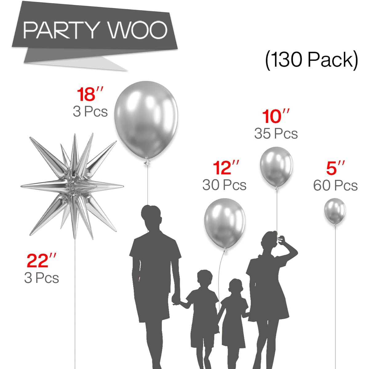 PartyWoo Metallic Silver Balloons 130pcs 22inch Star Balloons Silver Balloons Different Size Pack 18inch 12inch 10inch 5inch Balloon Garland Birthday Decorations Party Decorations