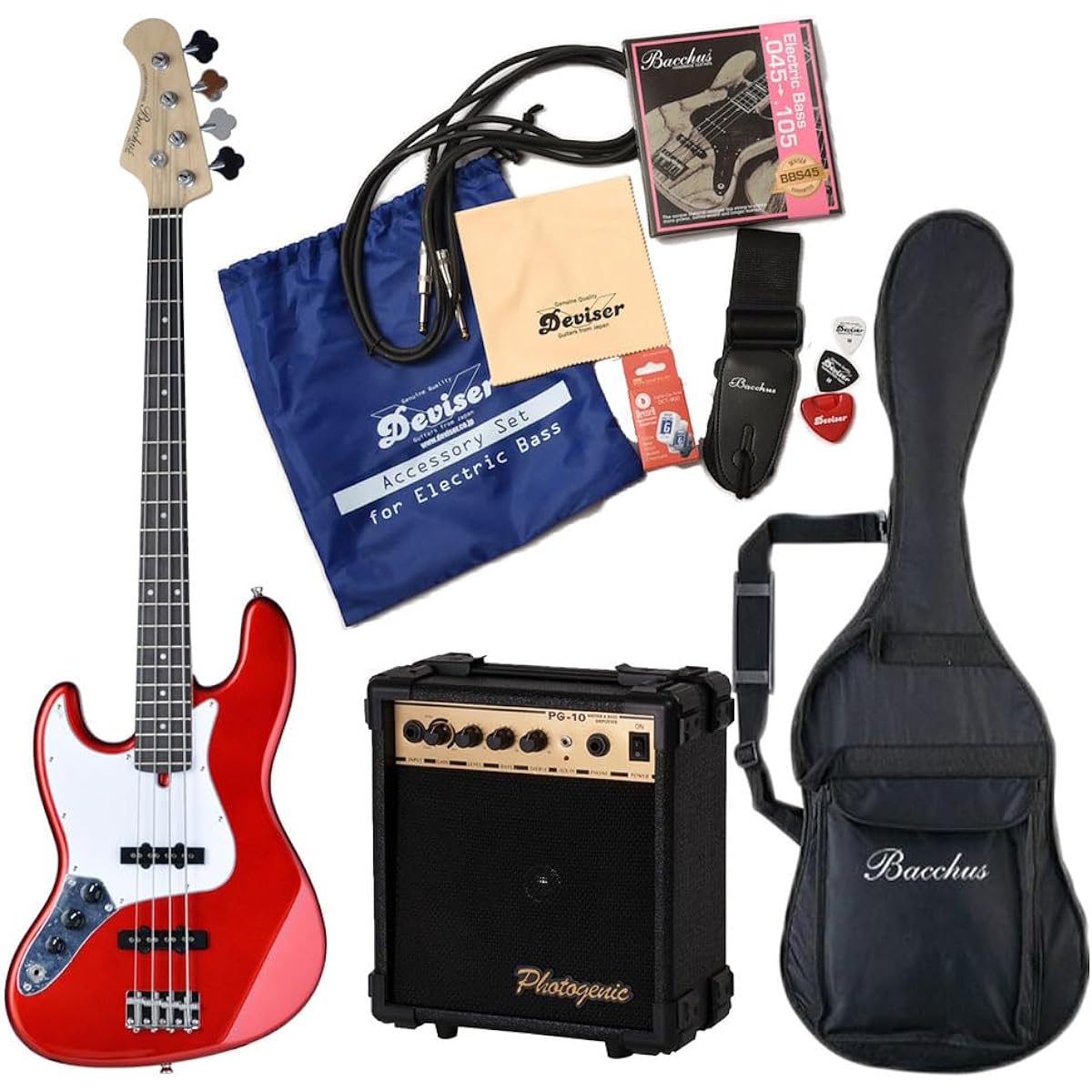 Left-handed [Initial adjustments completed so you can play right away!] Bacchus BJB-1R LH Left-handed Original Electric Bass Set (CAR) Candy Apple Red