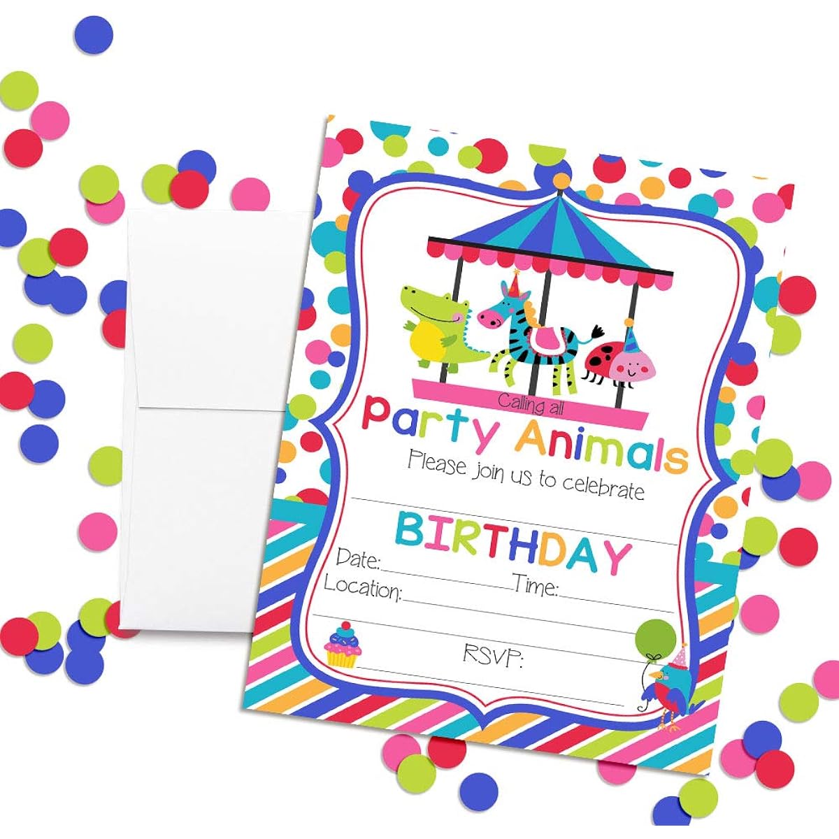 AmandaCreation Party Animals Carousel Merry-Go-Round Theme Birthday Party Invitations - 20 5"x7" Cards with 20 White Envelopes
