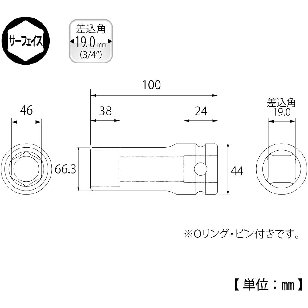 Top (TOP) Deep socket for impact, Width across flats 46 mm, Total length 100 mm, Hexagonal specification, Drive angle 6 arcminutes, PT-646L Tsubame-Sanjo, Made in Japan