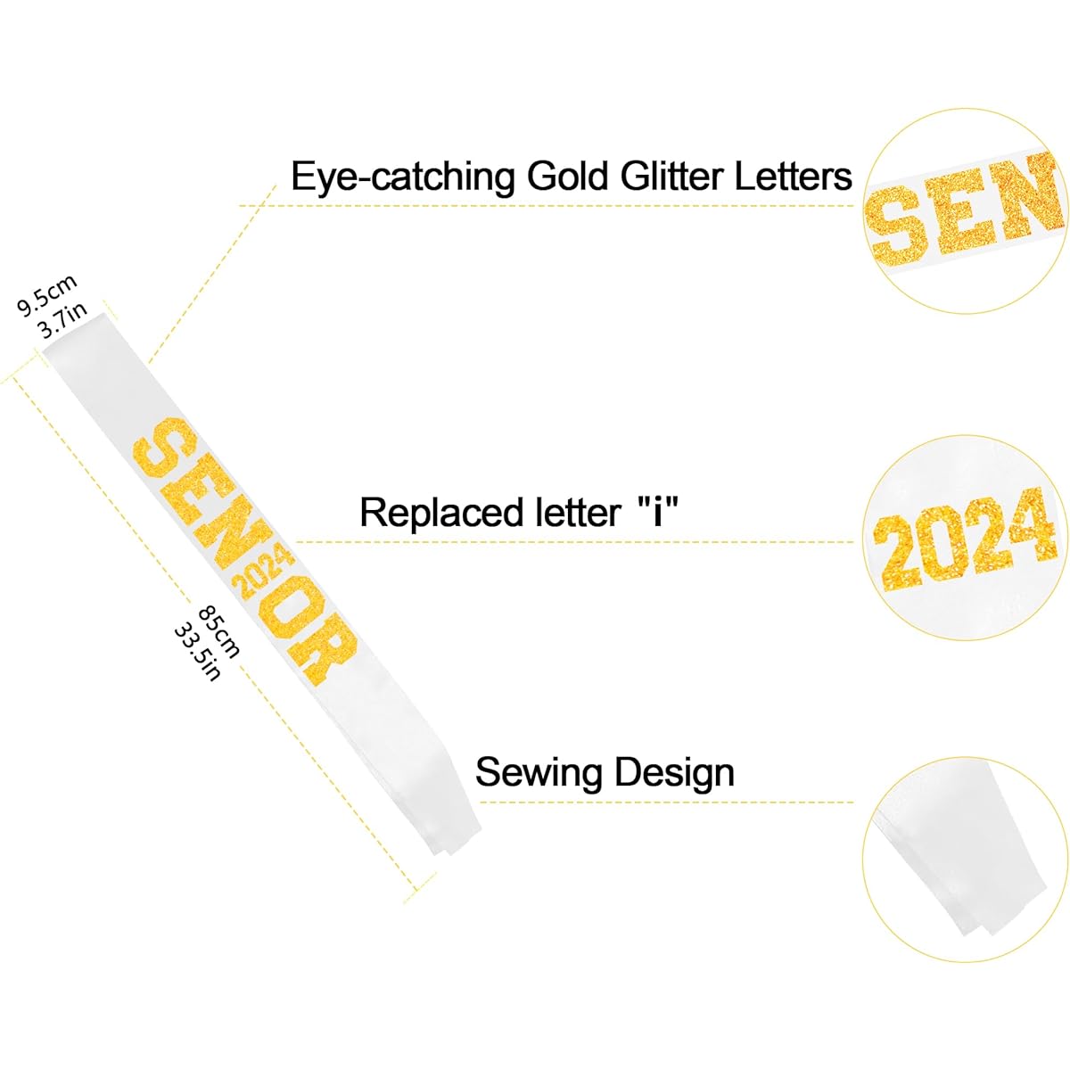 6 Piece White Senior 2023 Satin Sash with Gold Glitter Lettering - 2023 Graduation Sash - Senior Cheer Sash - Cheerleader Sash - Class Competition Sash