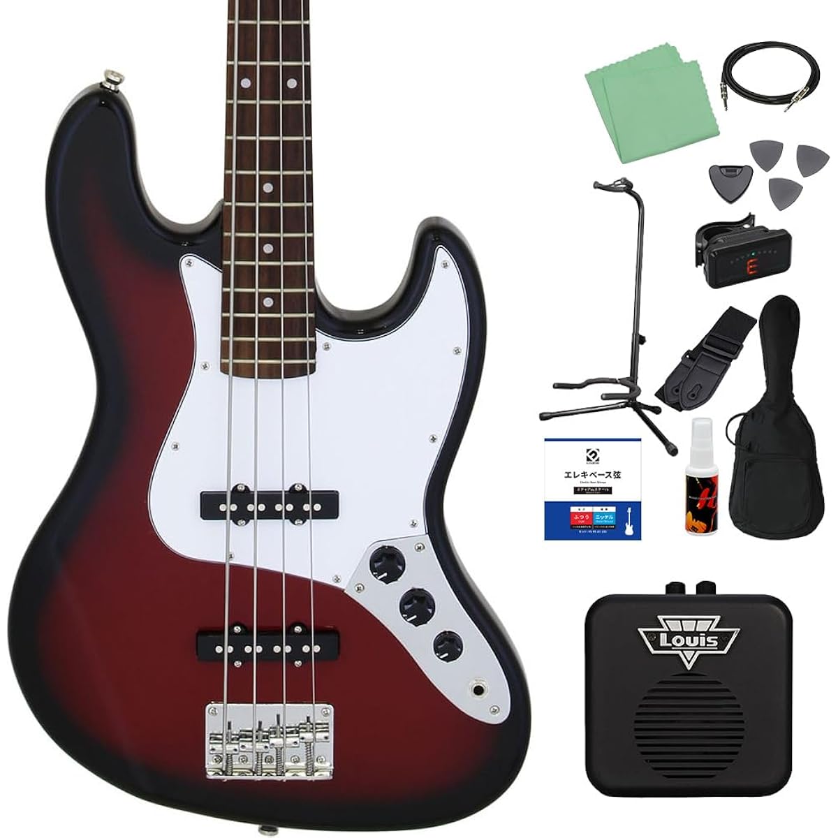 LEGEND LJB-Z Red Black Sunburst Bass Beginner 12 Piece Set [Mini Amplifier Included] Jazz Bass Type Legend