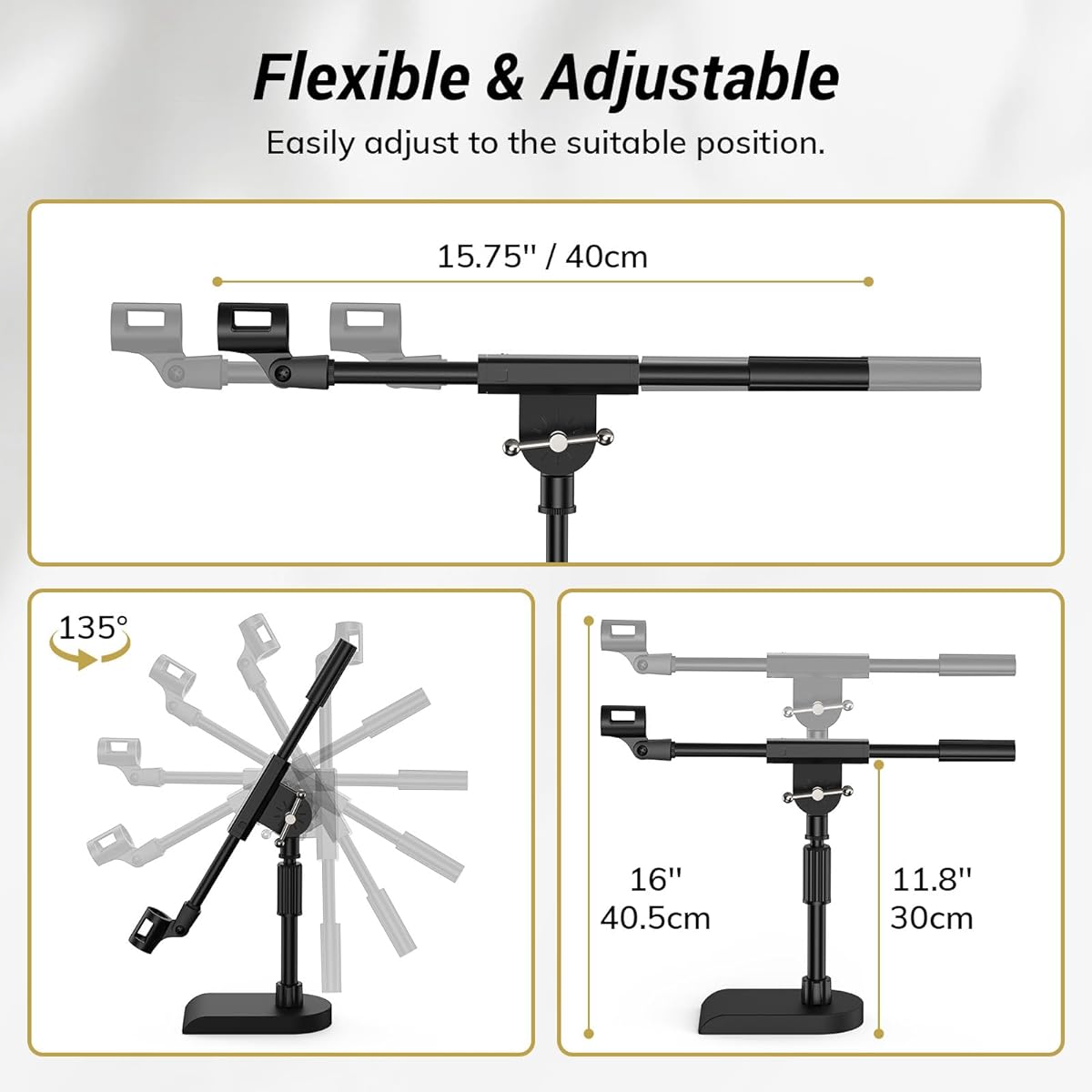 TONOR Adjustable Desktop Microphone Stand for Blue Yeti, Weight Base with Twist Clutch, Boom Arm with 3/8" and 5/8" Adapters for Blue Snowball and All Microphones, Perfect for Recording/Podcasting/Guitar