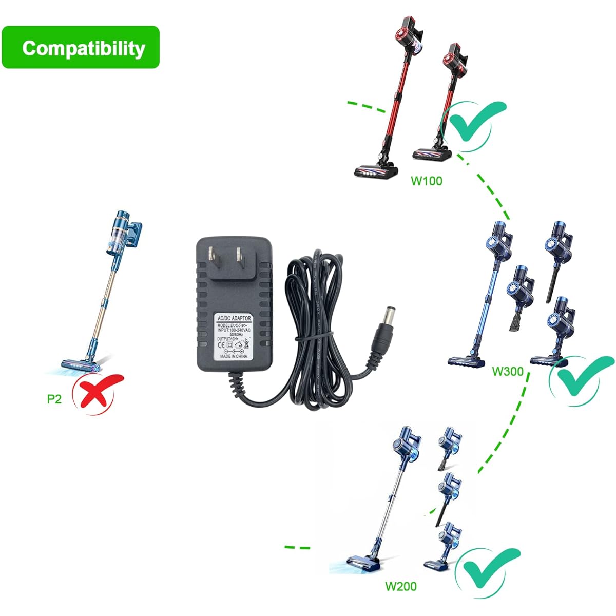 PRETTYCARE Cordless Vacuum Cleaner W100 W200 W300 Replacement Charger AC DC Adapter Power Cord 6.5 Feet - PDEEY