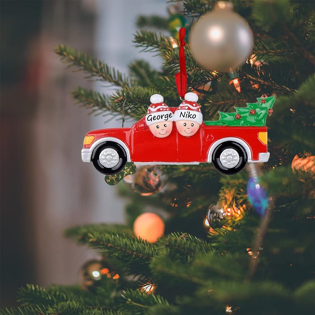 Red Christmas Pickup Truck Ornament - Family of Two Christmas Tree Ornament 2022 - Custom Holiday Keepsake Gift for Kids, Grandchildren, and Friends