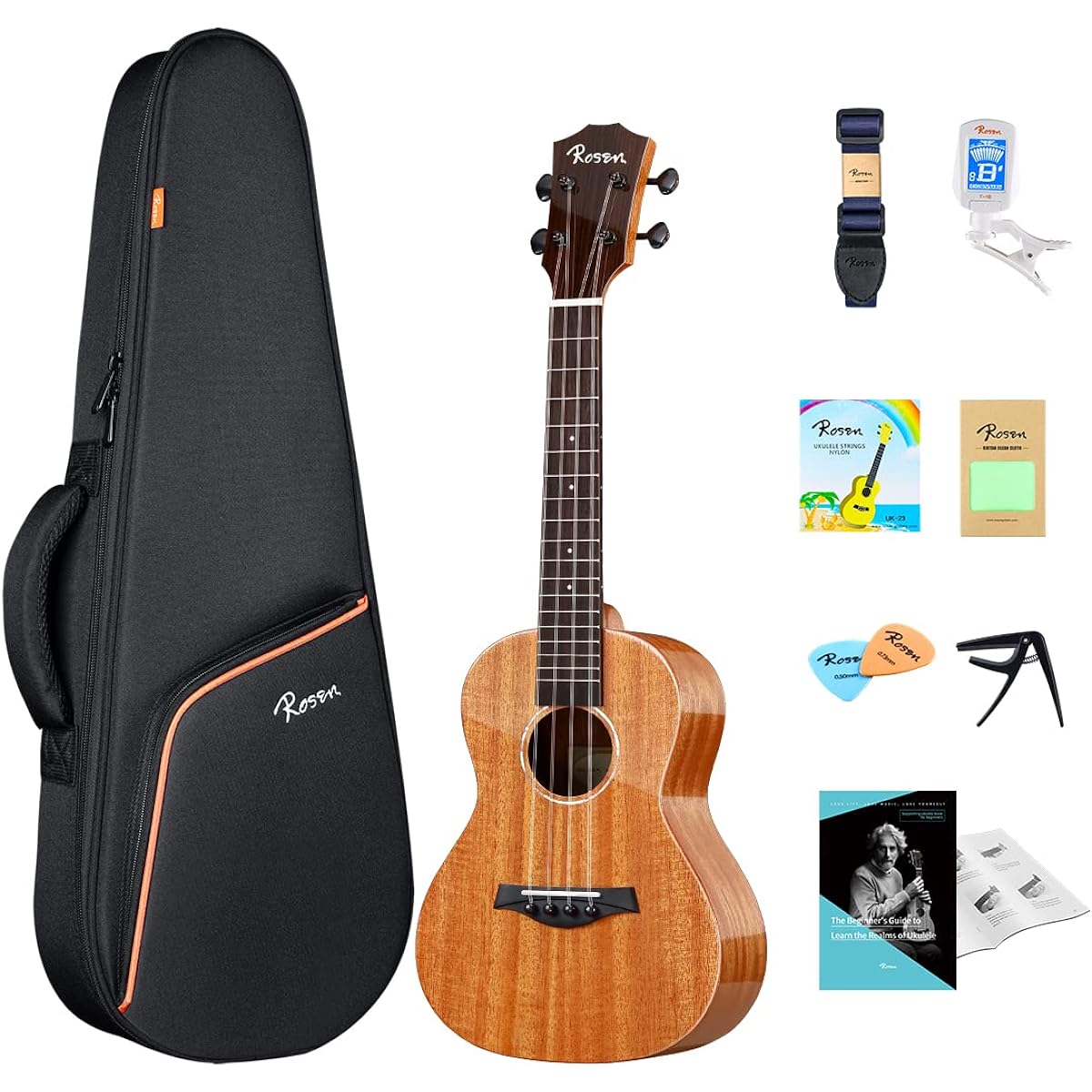 Rosen Concert Ukulele Solid Mahogany 23" Professional Ukulele Starter Bundle Kit with Lesson Book, Gig Bag, Tuner and Capopic Strings
