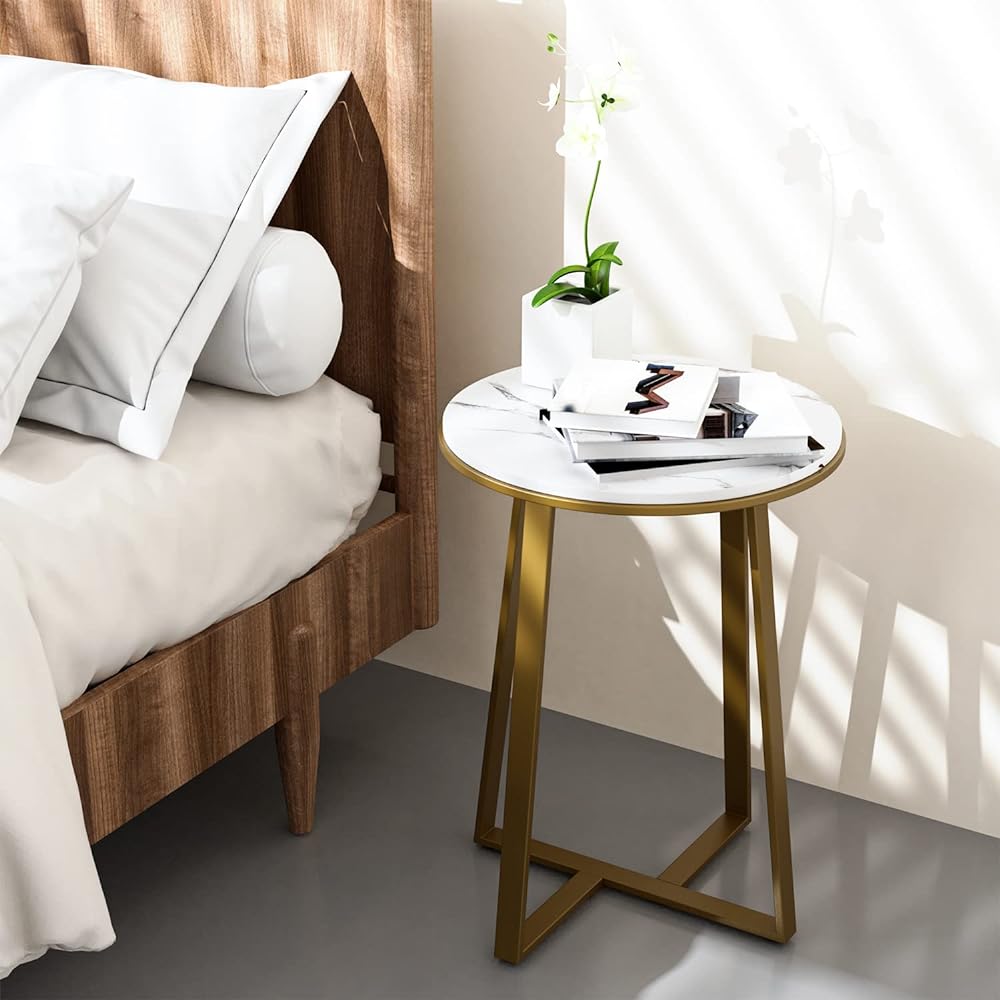 MONCOT Side Table Round Sofa Side Bedside Table Storage Table Cafe Table Small Wooden Top Metal Frame Easy Assembly Stylish Luxury Marble Pattern ET9522-WH