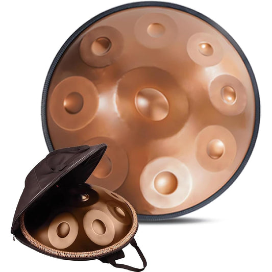 Handpan Drum D Minor 440Hz 9 Notes 22 Inch Steel Hand Drum with Soft Handpan Bag, 2 Handpan Mallets, Handpan Stand, Dust-Free Cloth (Gold)