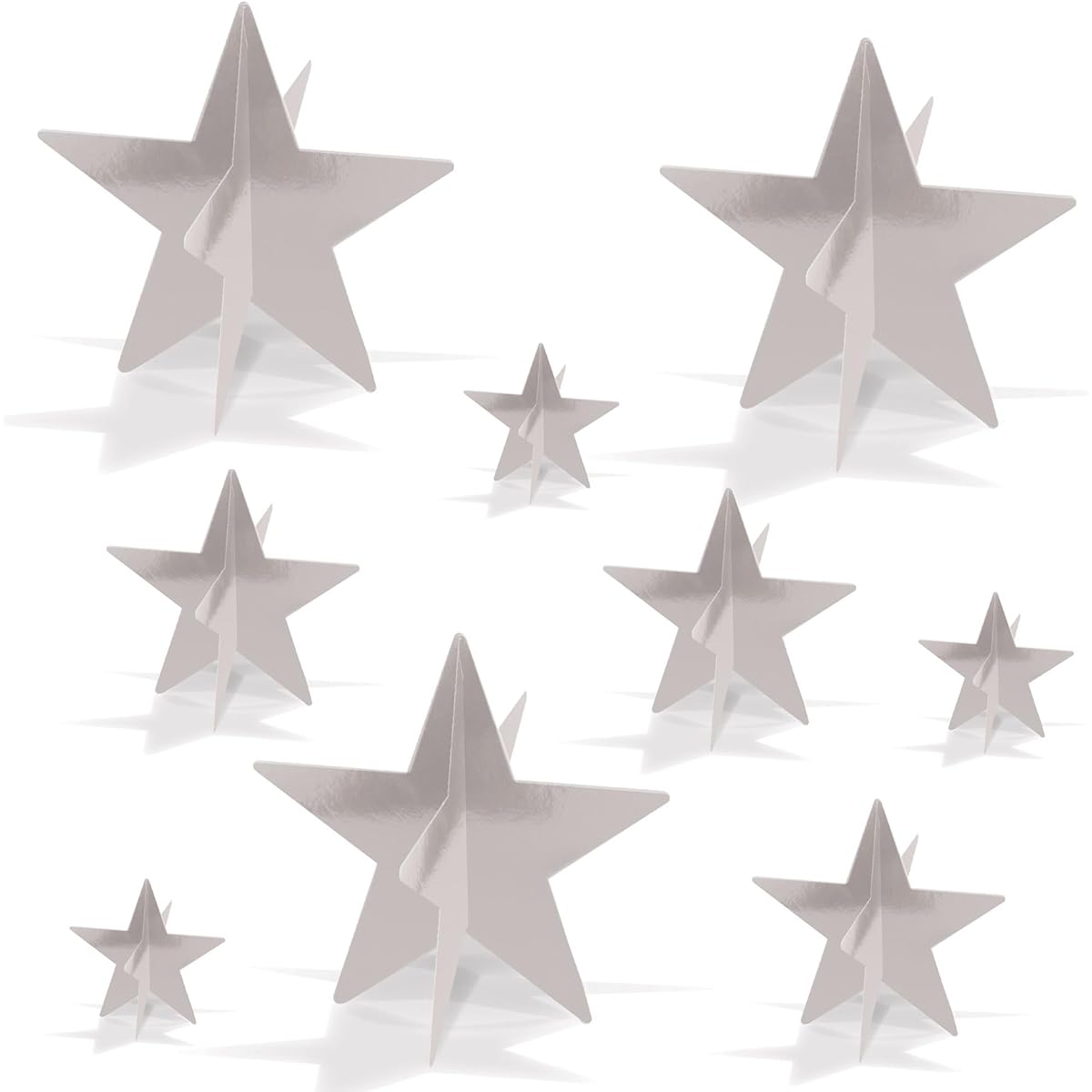 Beistle 52148-S, 9-Piece 3-D Foil Star Centerpieces, 3" - 8" (Silver)