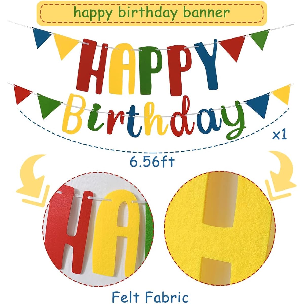 Happy Birthday Banner Pennant Happy Birthday Sign Reusable Felt Fabric Happy Birthday Garland Red Green Yellow Birthday Banner for Kids Women Men Birthday Party Decorations