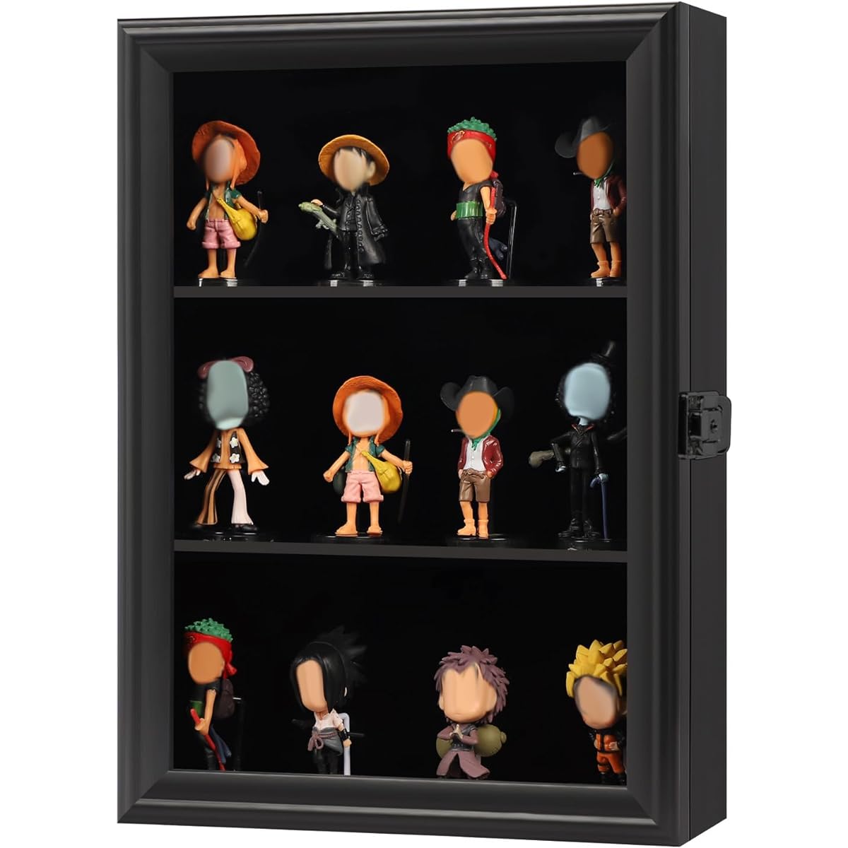 Mstrse Action Figure Display Case Wall Mount - Wooden Cabinet for Minifigure Action Figures - Lockable Gold Lock with UV Protected Acrylic Glass Door for Mini Toy Collection Stone Lock Black
