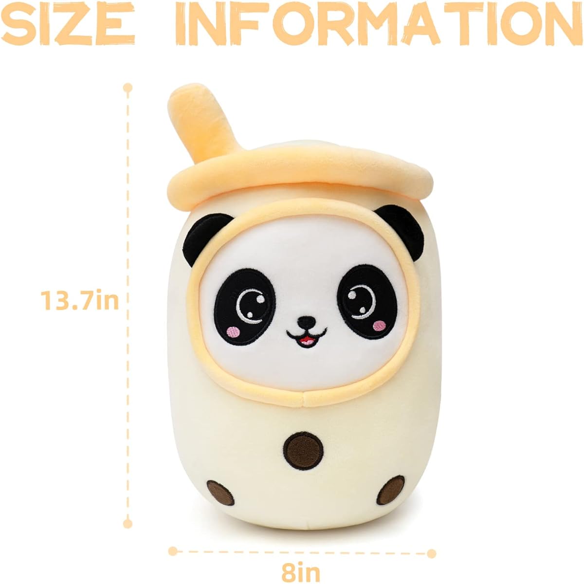 NiuniuDaddy Boba Plush Panda Face - 13.7" Large Yellow Cream Bubble Tea Straw Stuffed Animal - Soft Kawaii Milk Teacup Plush Pillow for Kids - Machine Washable Medium Size