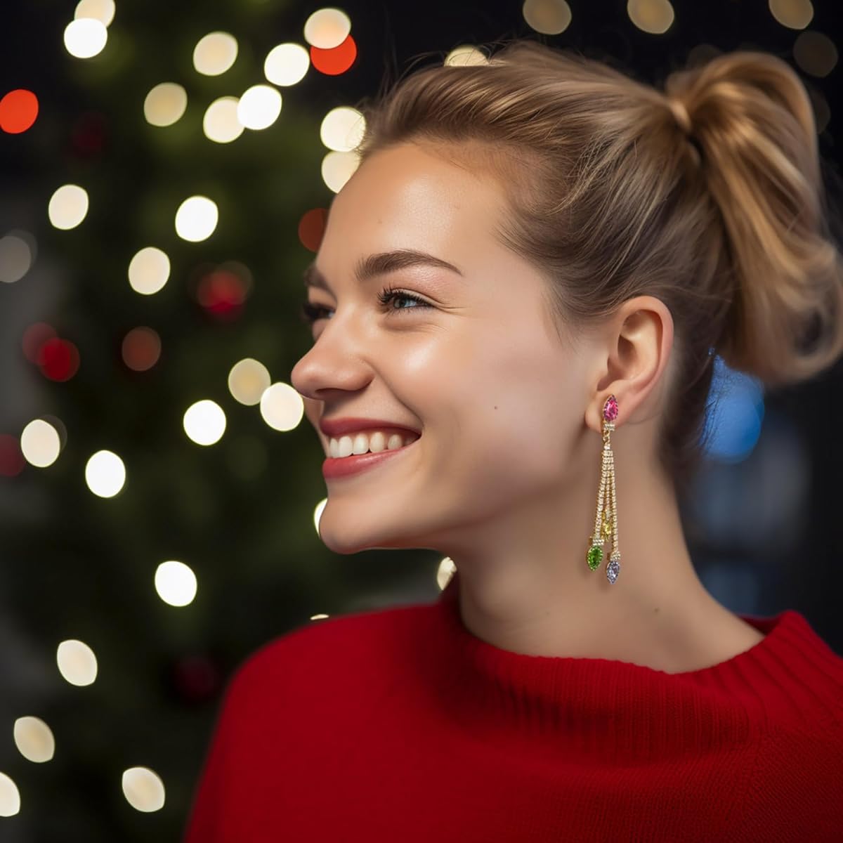 LILIE&WHITE Christmas Earrings for Women Christmas Tree Dangle Earrings with Colorful Rhinestones Sparkling Ribbon Knots Colorful Light Bulbs Jingle Bell Stud Earrings Holiday Earrings Christmas GIF
