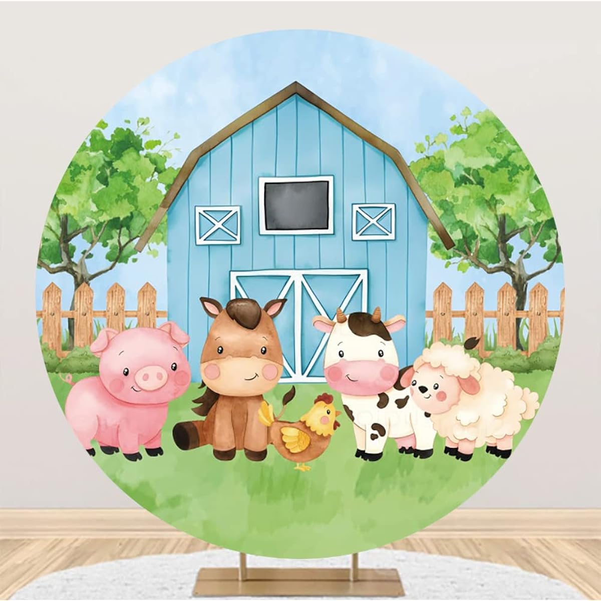 AWERT Polyester 6ft Diameter Cartoon Farm Round Backdrop Blue Barn Green Grass Farmland Animals Cow Pig Background for Kids Girls Baby Shower Birthday Party Decoration Studio Booth Props