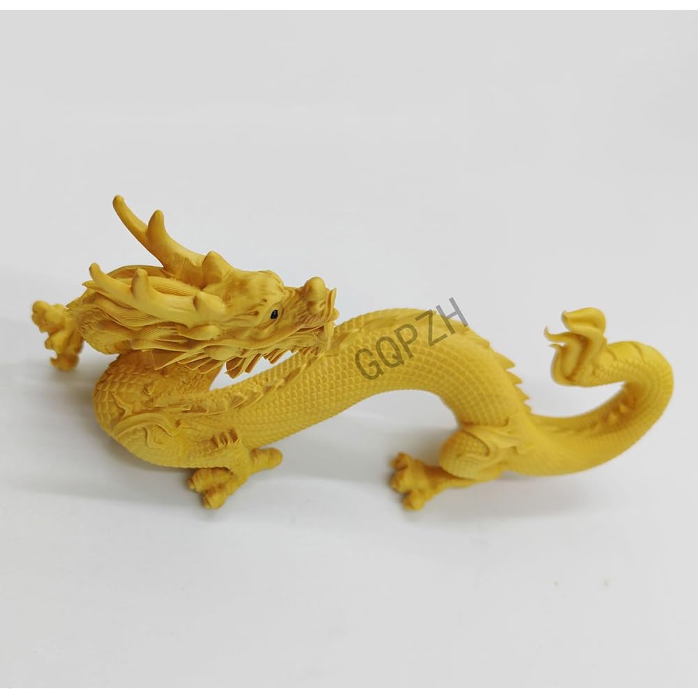 Wood Carving Dragon Figurine 16cm Tsuge Tree Lucky Charm Zodiac Feng Shui Good Luck