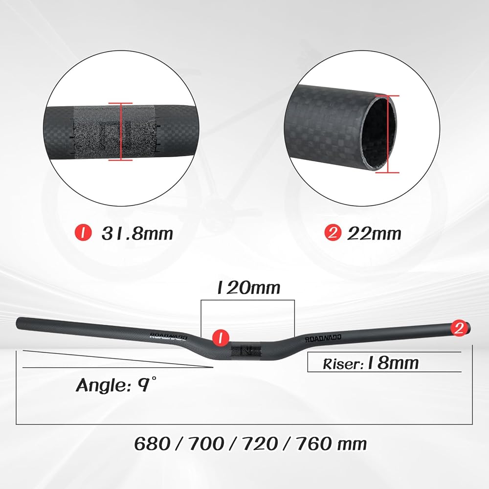 ROADNADO Carbon Riser Bar Bicycle Handlebar Carbon Fiber 31.8mm Lightweight 3K Brushed Mountain Bike MTB Road Bike 700/720/740/760mm