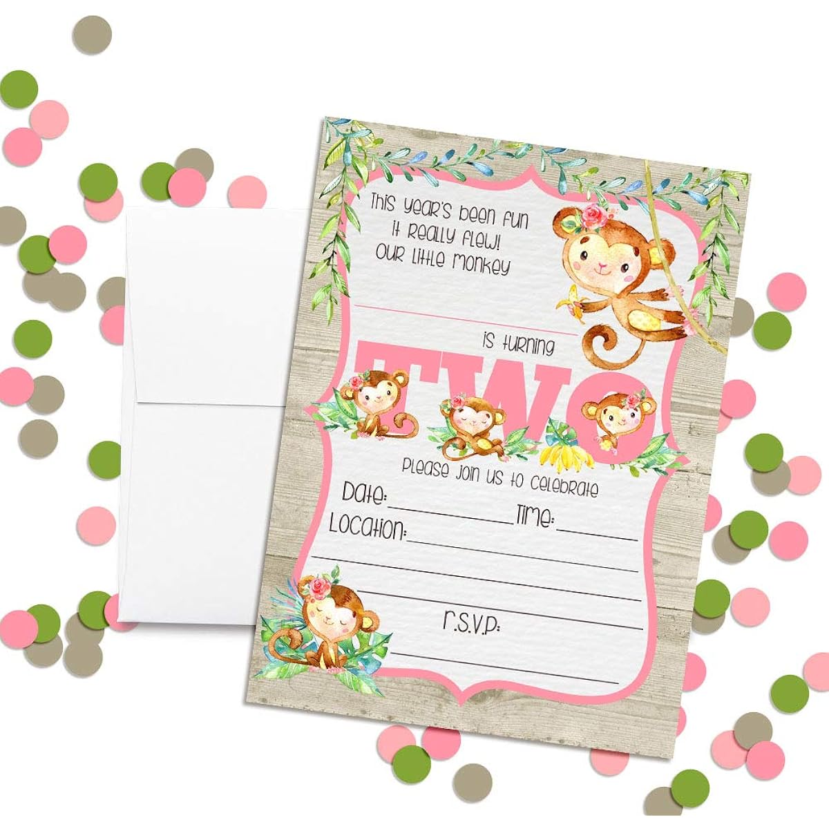 AmandaCreation Little Monkey Watercolor Jungle Second Birthday Party Invitations for Girls 5"x7" Includes 20 Cards and 20 White Envelopes