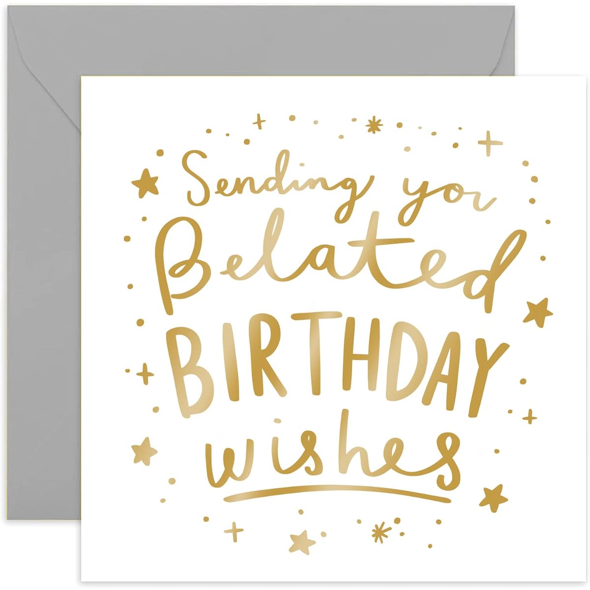 Old English Company Birthday Greeting Card - Belated Wishes, Gold Foil, Blank Inside and Envelope