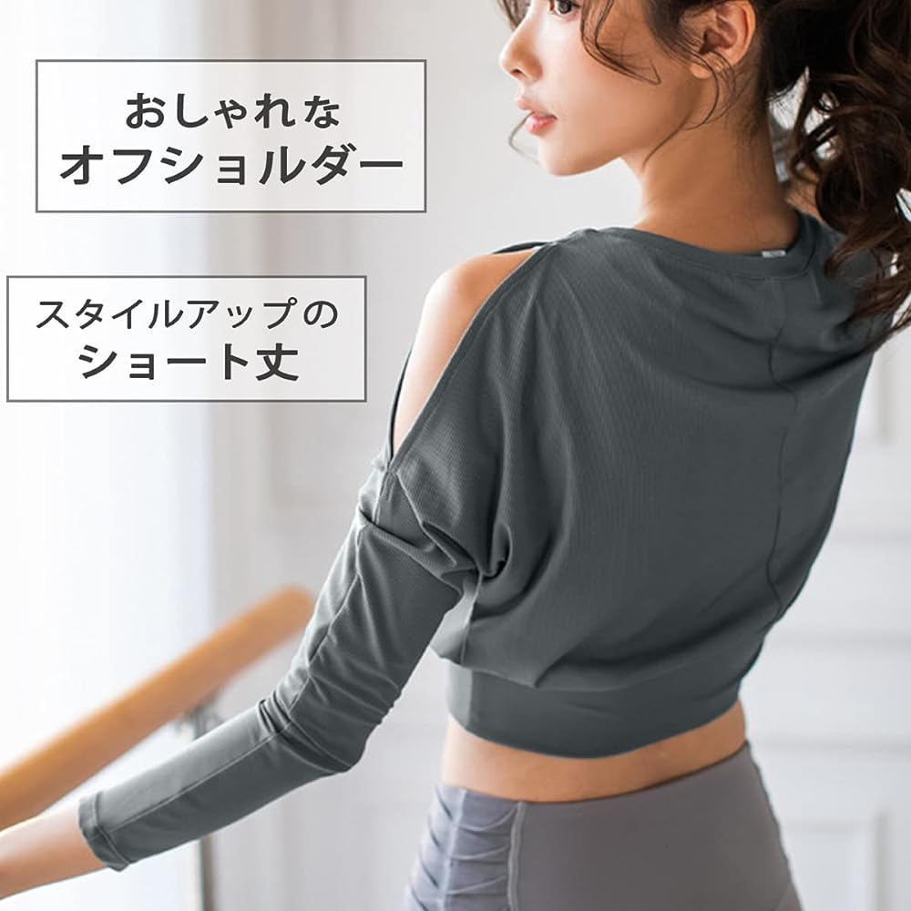 [VeroMan] Women's Yoga Wear Tops Long Sleeve Open Shoulder Stylish Short Length ppi-opensholder