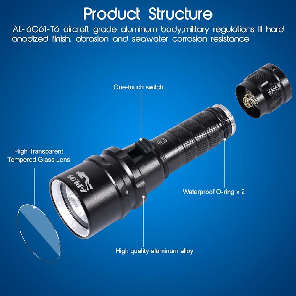 APLOS AP20 Diving Light 2000 Lumens Underwater Light LED Diving Underwater 100 Meters Waterproof Diving Underwater Light Diving Rechargeable