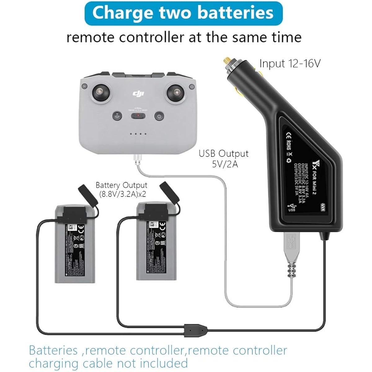 3-in-1 Multi Fast Battery Car Charger for Mavic Mini 2 / Mavic Mini SE Drone Battery and Remote Control for Mini 2 / Mavic Mini SE