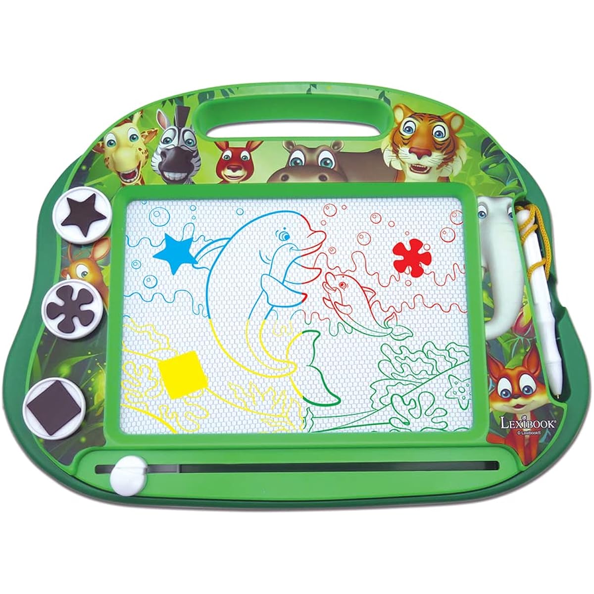LEXiBOOK Multicolor Magic Magnetic Animal Drawing Board Artistic and Creative Toys for Girls and Boys with Stylus Pens and Stamps, Green CRANX550