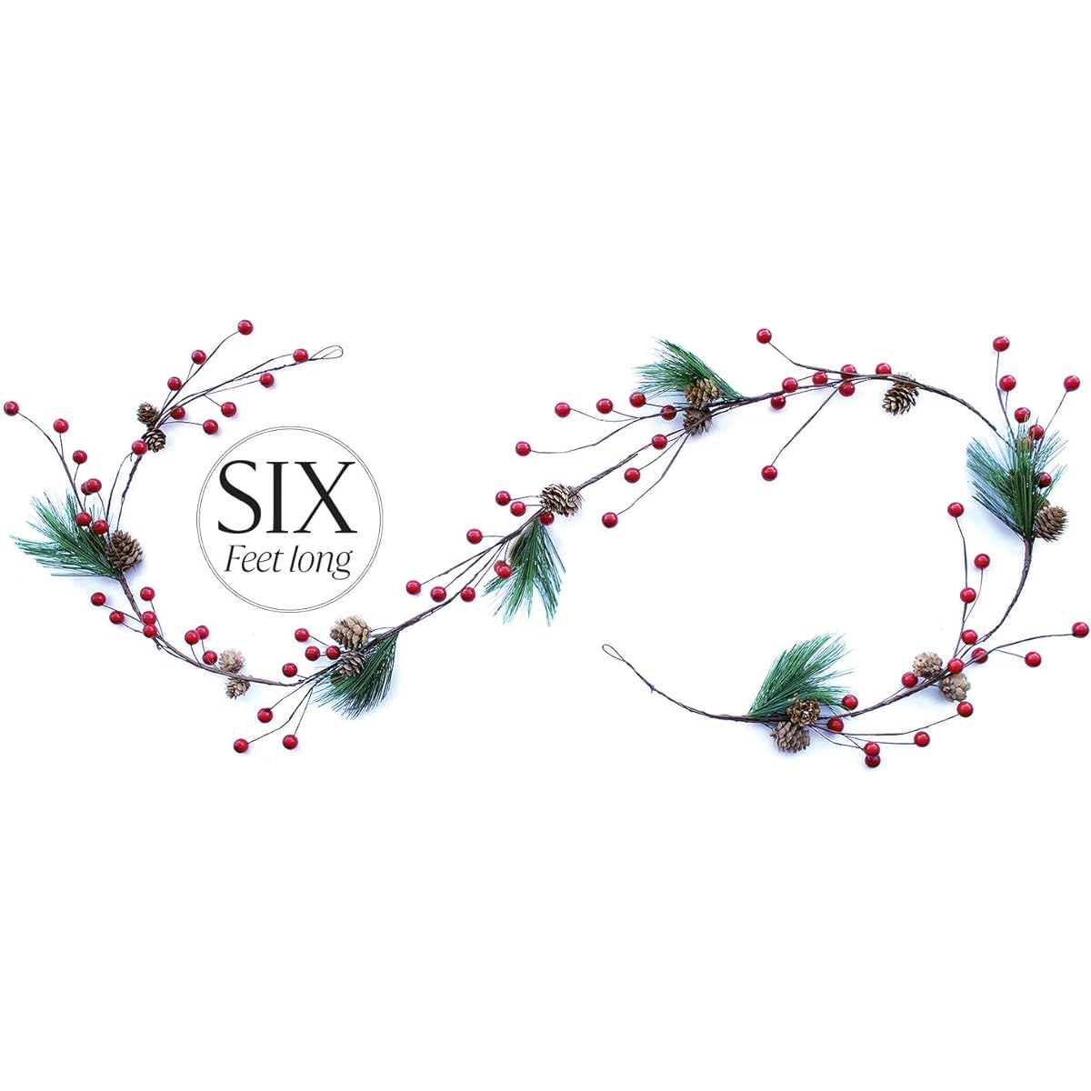 Winter Garland Christmas Decorations with Red Berries, Pine Cones & Evergreen Pine Needles - Unlit Holiday Berry Decorations for Home, Kitchen, Bar & Fireplace & Decorative Outdoor Greenery, 6 Feet Long