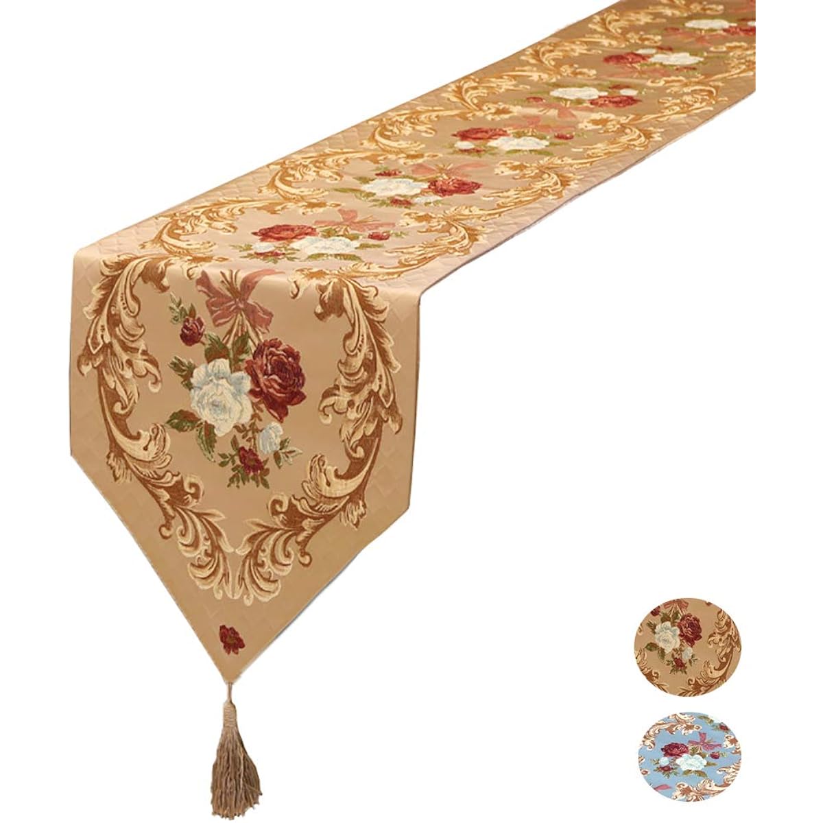 Magilona Home Tablecover Decor Luxurious Cotton Linen Embroidery 3D Floral Pattern Table Runner with Tassel Dining Party 13 x 83 in Gold