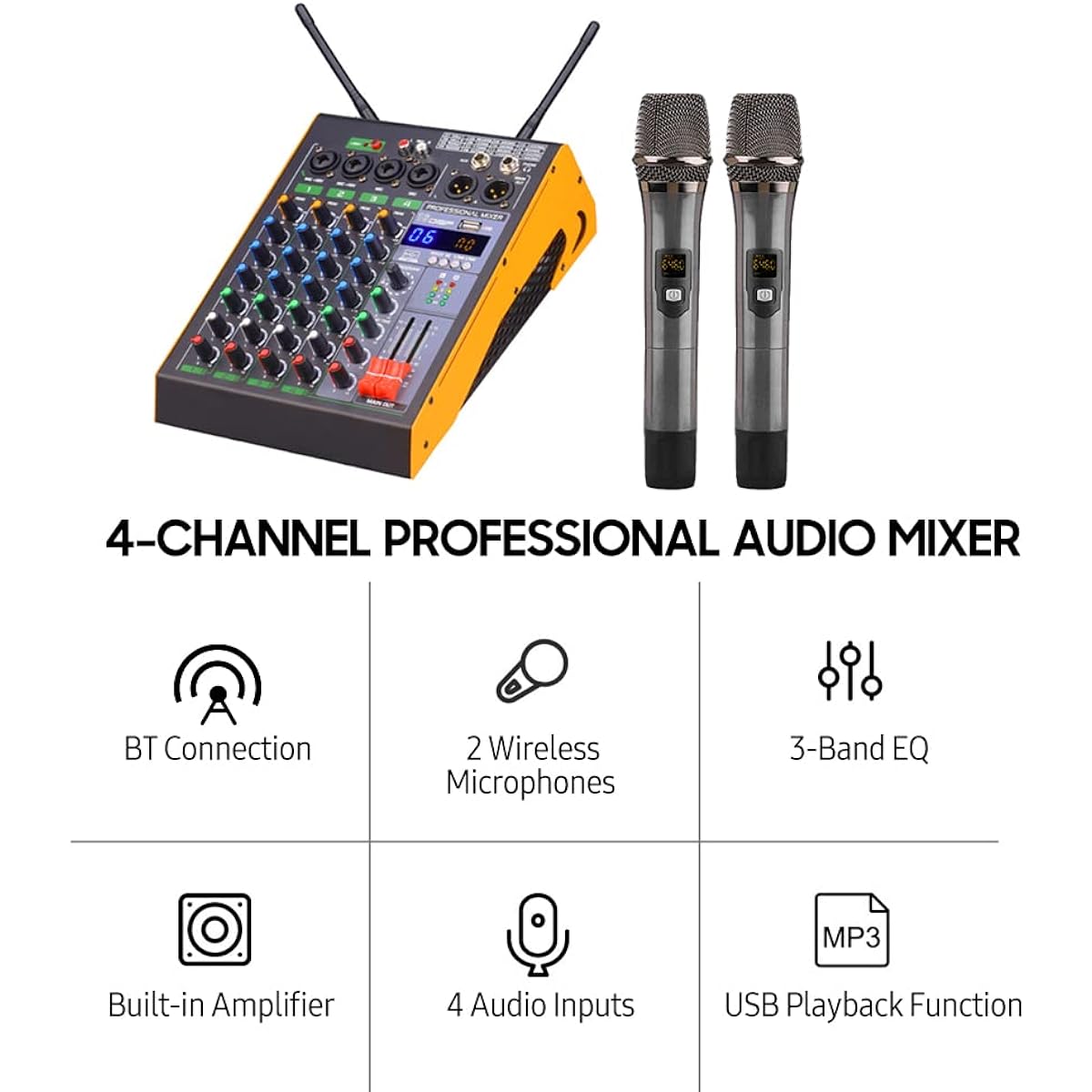 Audio Mixer, Yueou Professional 4 Channel BT Audio Mixer with 2 Microphones LED Digital Mixing Console Built-in Amplifier with USB Connection 3 Band EQ Reverb Adjustment Bar DSP Recording Function for Concert Outdoor Performance Wedding