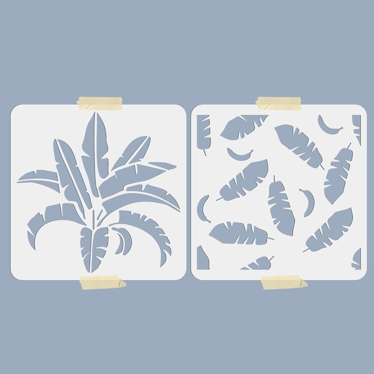 MAYJOYDIY Banana Leaf Stencils, 2 Pieces Tropical Banana Leaf Templates 11.8x11.8 Inch Reusable PET Plastic Natural Wall Stencils Craft DIY for Furniture Canvas Wood