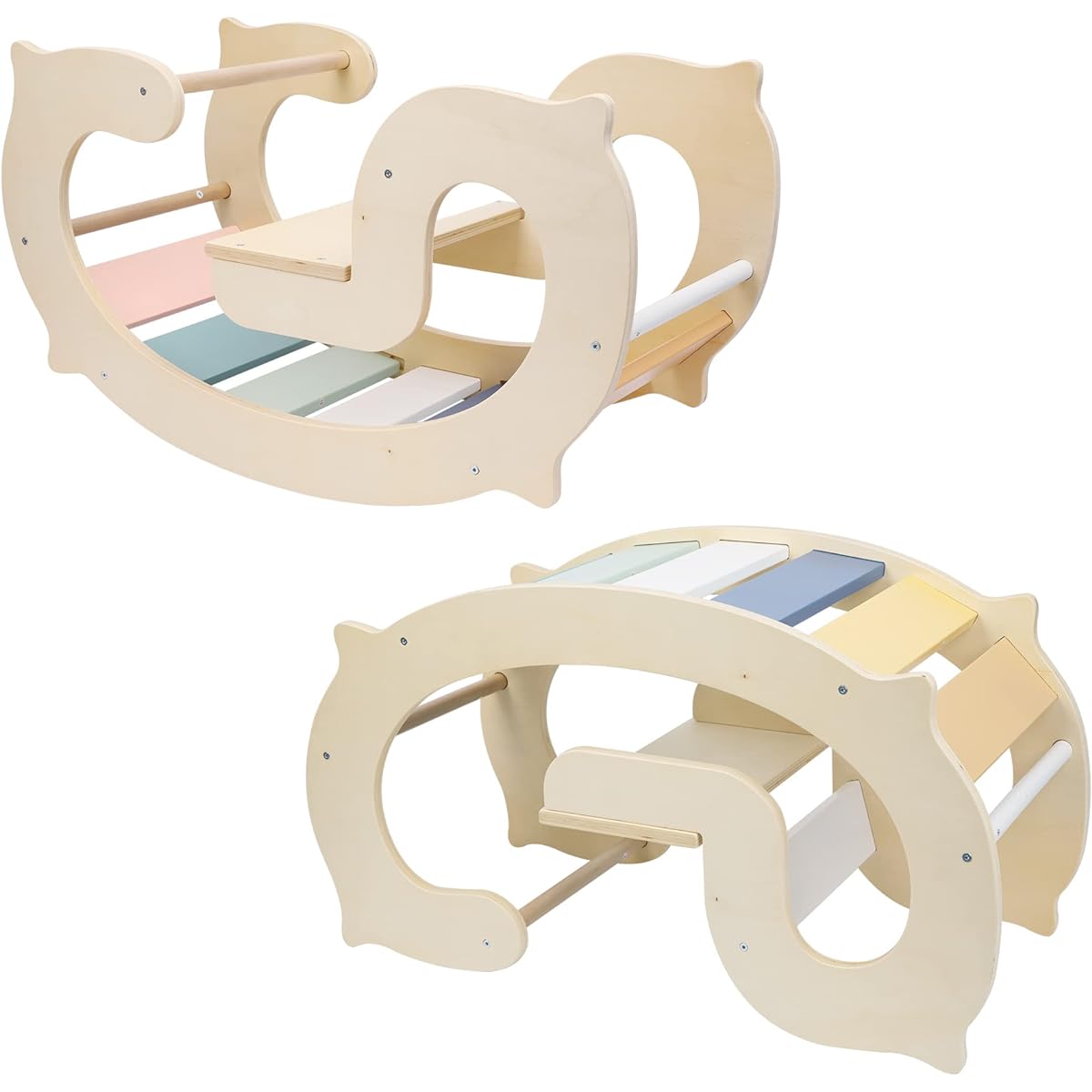 labebe Wooden Climbing Arch for Toddlers Waldorf Rainbow Rocker Play 3 in 1 Montessori Climbing Toy for Kids Triangle Climber & Slope Combination