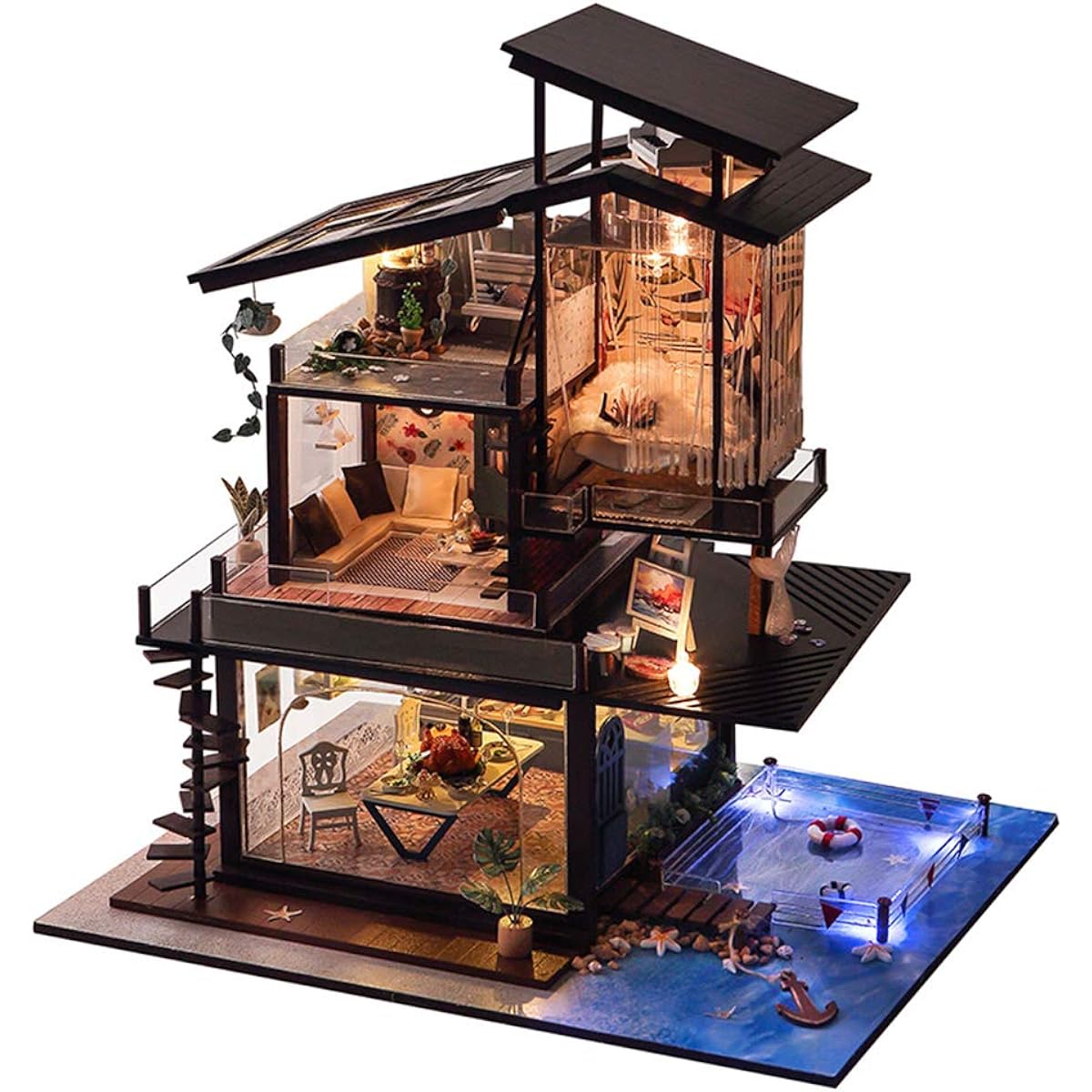 Kisoy Miniature DIY Dollhouse Kit with Furniture Accessories Creative Gift for Lover or Friends (Valencia Coast) with Dustproof Cover and Musical Movement