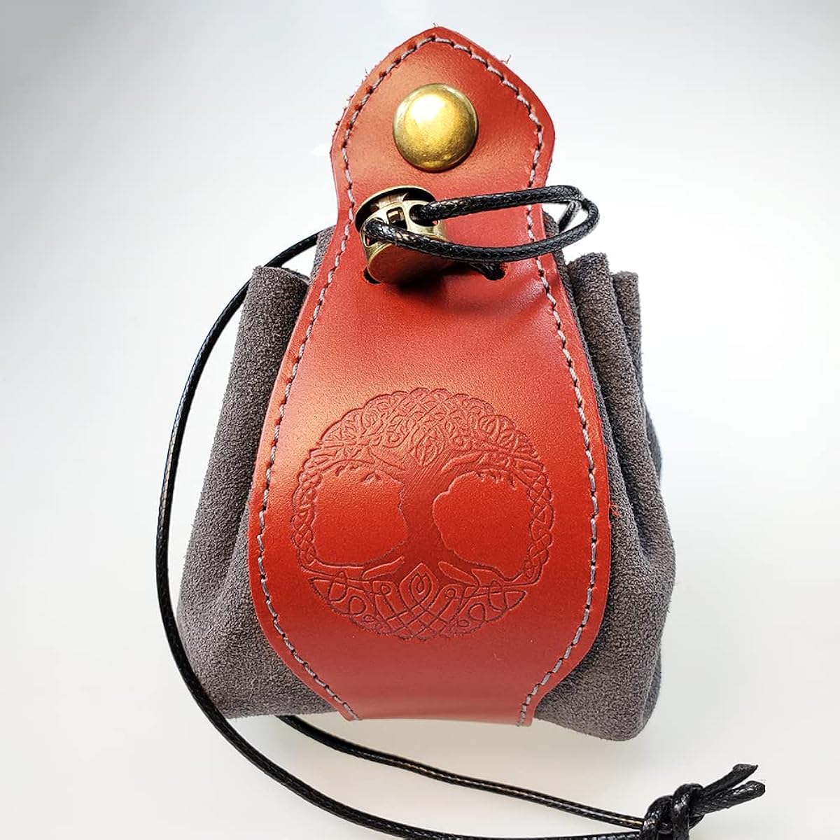 Rollooo Red & Gray Celtic Tree DND Gift Dice Bag - Tray with Drawstring & Buttons Genuine Leather Dice Pouch Storage Bag for D&D Dice Jewelry Coins Small Accessories