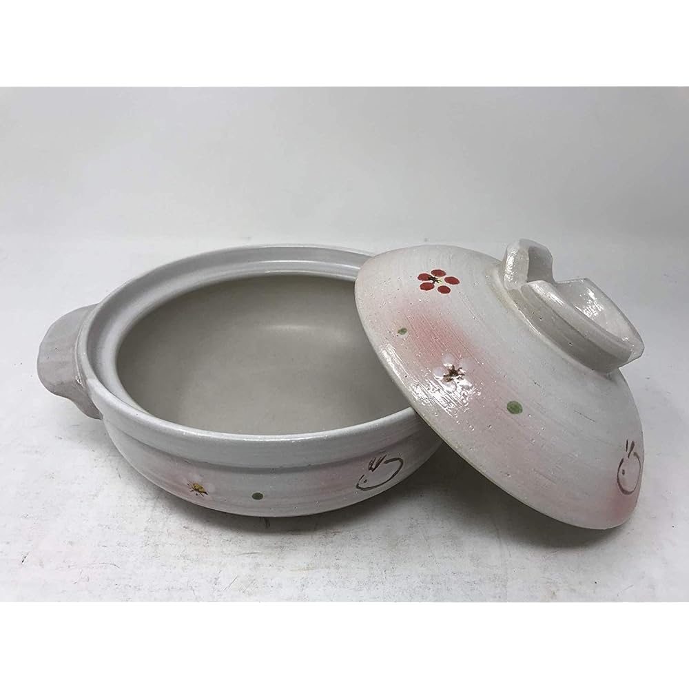 Ishigaki Sangyo Earthen Pot, White, Pink, Width 25 x Depth 21.5 x Height 11.5 cm, For 2 to 3 people, Size 7, Rabbit Kanon, For open fire only, Does not easily boil over, Sold in case, Pack of 8