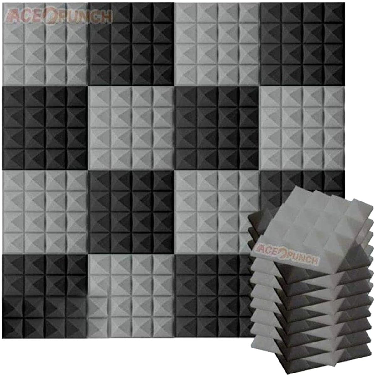ACE Punch 8 Pack Pyramid Acoustic Foam Panels DIY Design Studio Soundproofing Wall Tiles Sound Insulation with Free Mount Tabs 9.8" x 9.8" x 1.9" AP1034 9.8" x 9.8" x 1.9"