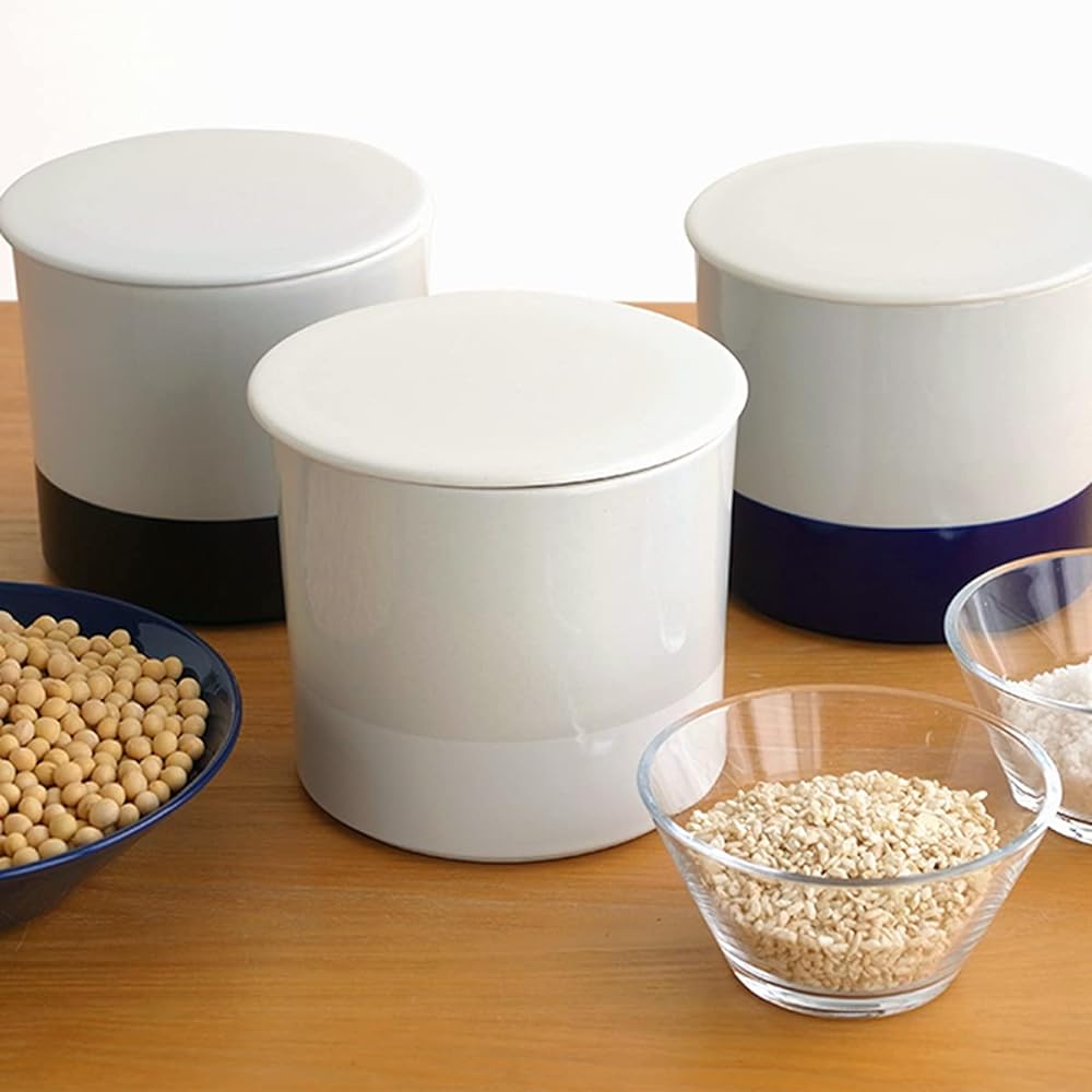 Kamoshika Dogu Store Miso Jar Stylish Homemade Miso Preservation Bamboo Rice Shamoji with Miso Spatula Made in Japan Banko Ware (Indigo)