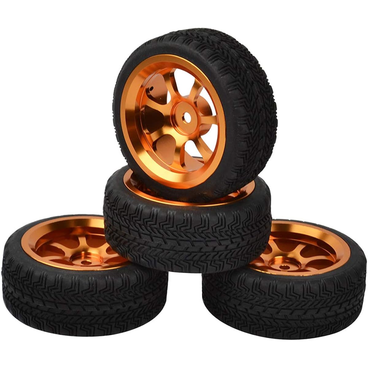 WONFAST 4 Pieces 1:10 Aluminum Alloy On-Road 7 Spoke Metal Wheel Rims with Rubber Tires 1/10 RC HSP HPI RC Drift Racing Car HSP HPI Parts WFSJ0100tireset