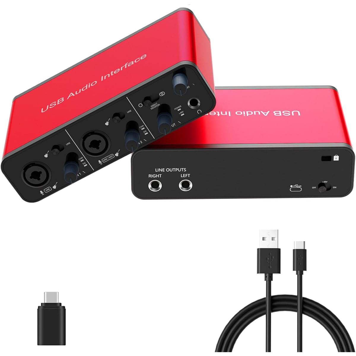 Dacimora 2i2 USB Audio Interface 48V Phantom Power 24bit/192kHz Plug and Play Recording Podcasting Streaming Recording Songwriting Streaming XLR Audio Interface Wine Red