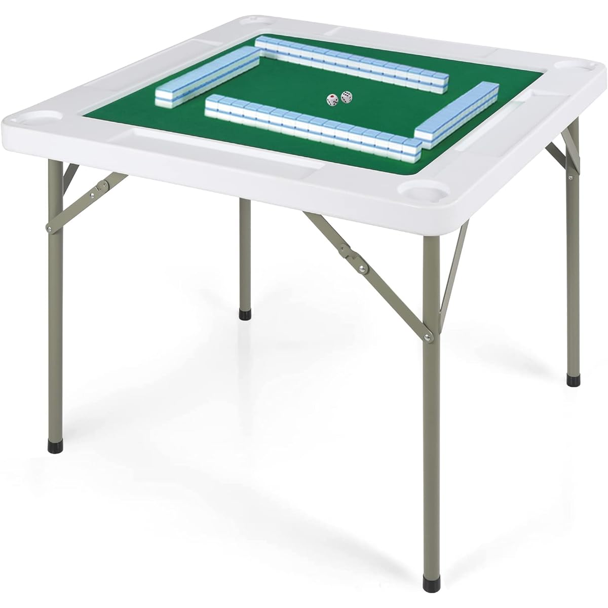 Stonehomy Domino Game Table Plastic with Folding Legs for Adults Square Mahjong Table Foldable with Cup Holders Chip Groove Green Table Felt for 4 Players 34.6x34.6 Inch