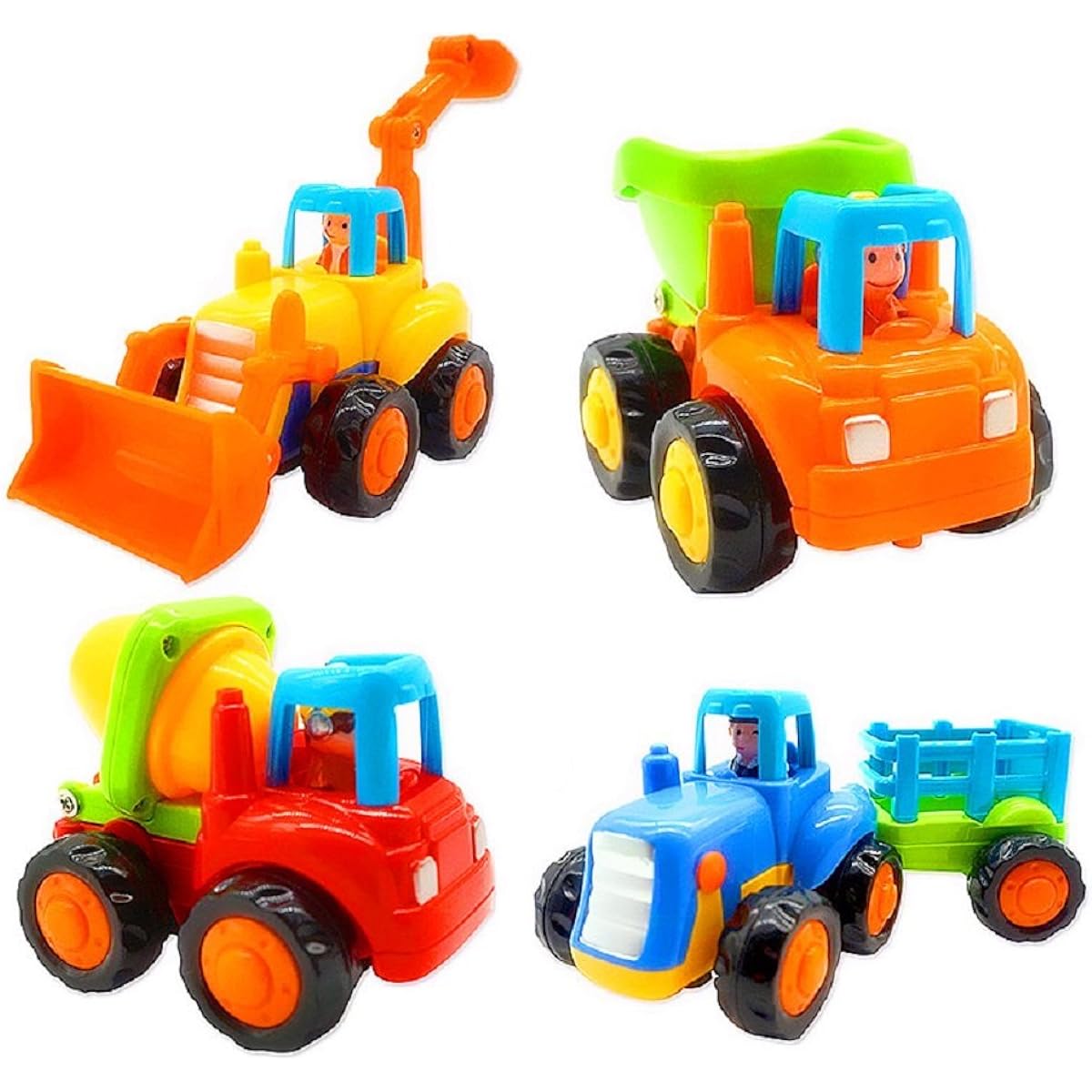 Friction Cars Push & Go Toy Trucks Construction Vehicles Toy Set for 1 2 3 Years Old Baby Toddler Beach Dump Truck Cement Mixer Bulldozer Tractor Early Education Gift Set of 4
